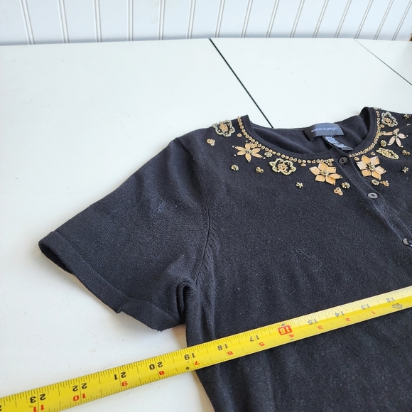 CABLE & GAUGE Cardigan Womens Silk Blend Cropped Embellished Sweater Black Sz L - Picture 9 of 11
